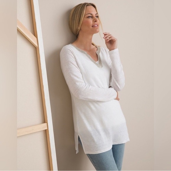 Chico’s 100% Linen Embellished V-Neck Tunic White Size XL - Picture 1 of 12